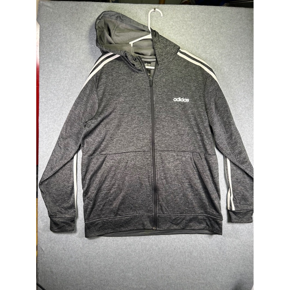 Hood* Adidas Mens Essentials 3-Stripes Full Zip Hoodie Gray Heather FL5611 Large